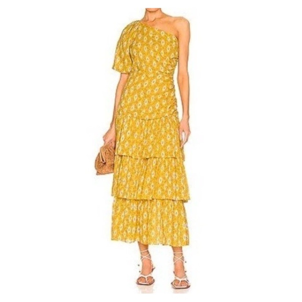 Veronica Beard Virginia One Shoulder Tiered Dress Yellow Print Cotton Silk Sz 2